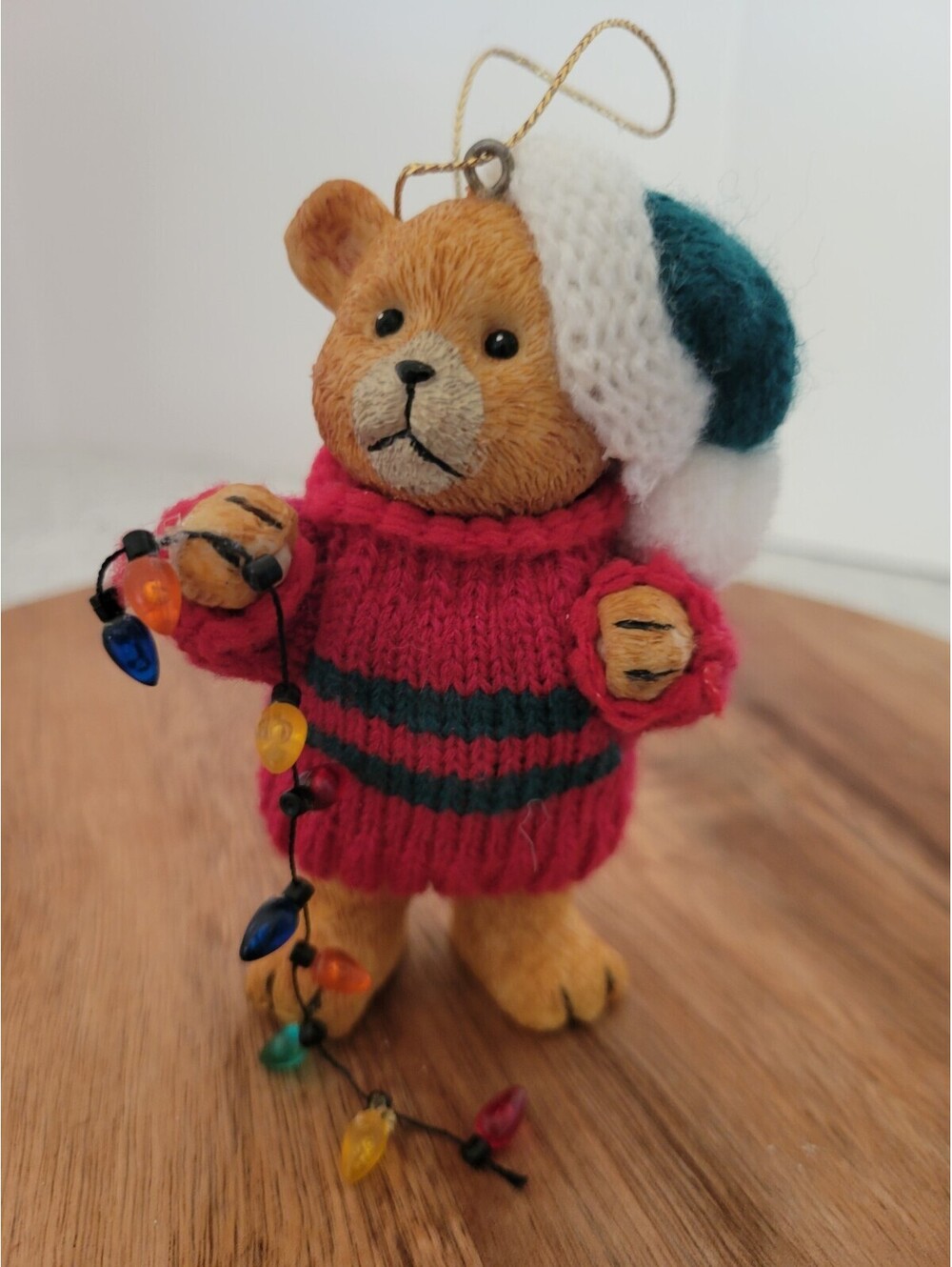 Vintage Teddy Bear Ornament Knit Sweater Christmas Tree String of Lights Xmas